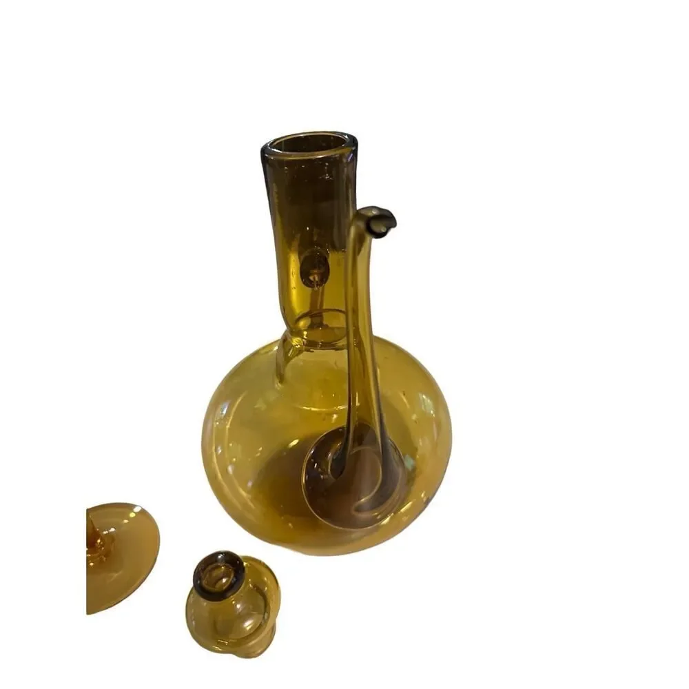 Vintage Cruet Side Spout Amber Glass Decanter  Pitcher Handblown & 2 Glasses MCM